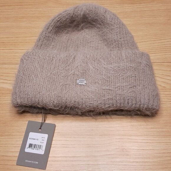 SOIA & KYO Hat Womens Beanie Tan Fuzzy Knit Cuff Logo Winter JAYA HUSH